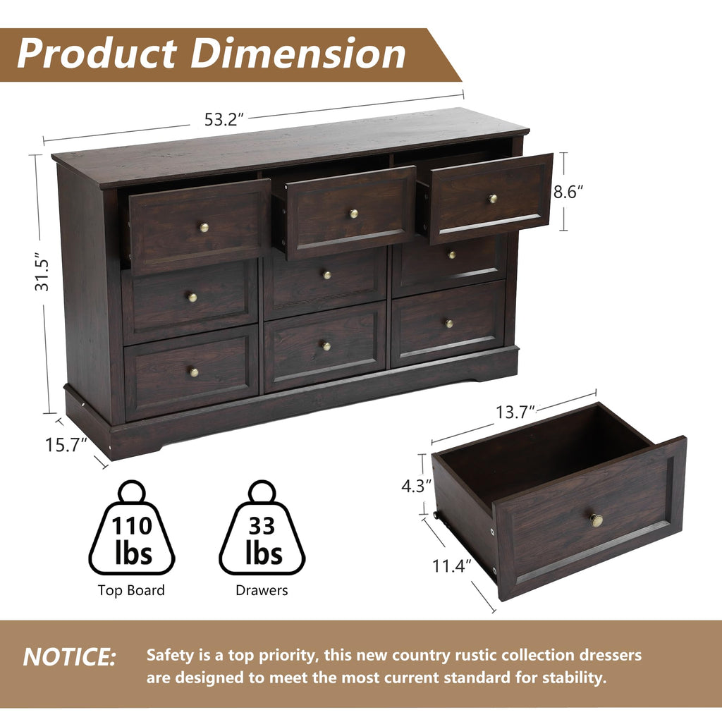 LOUVIXA Farmhouse Dresser 9 Drawer, Bedroom Chest of Drawers, Dressers with 9 Drawers, Wooden Dressers for Bedroom, Living Room, Tv Stand, Entryway(Rustic Yellow)
