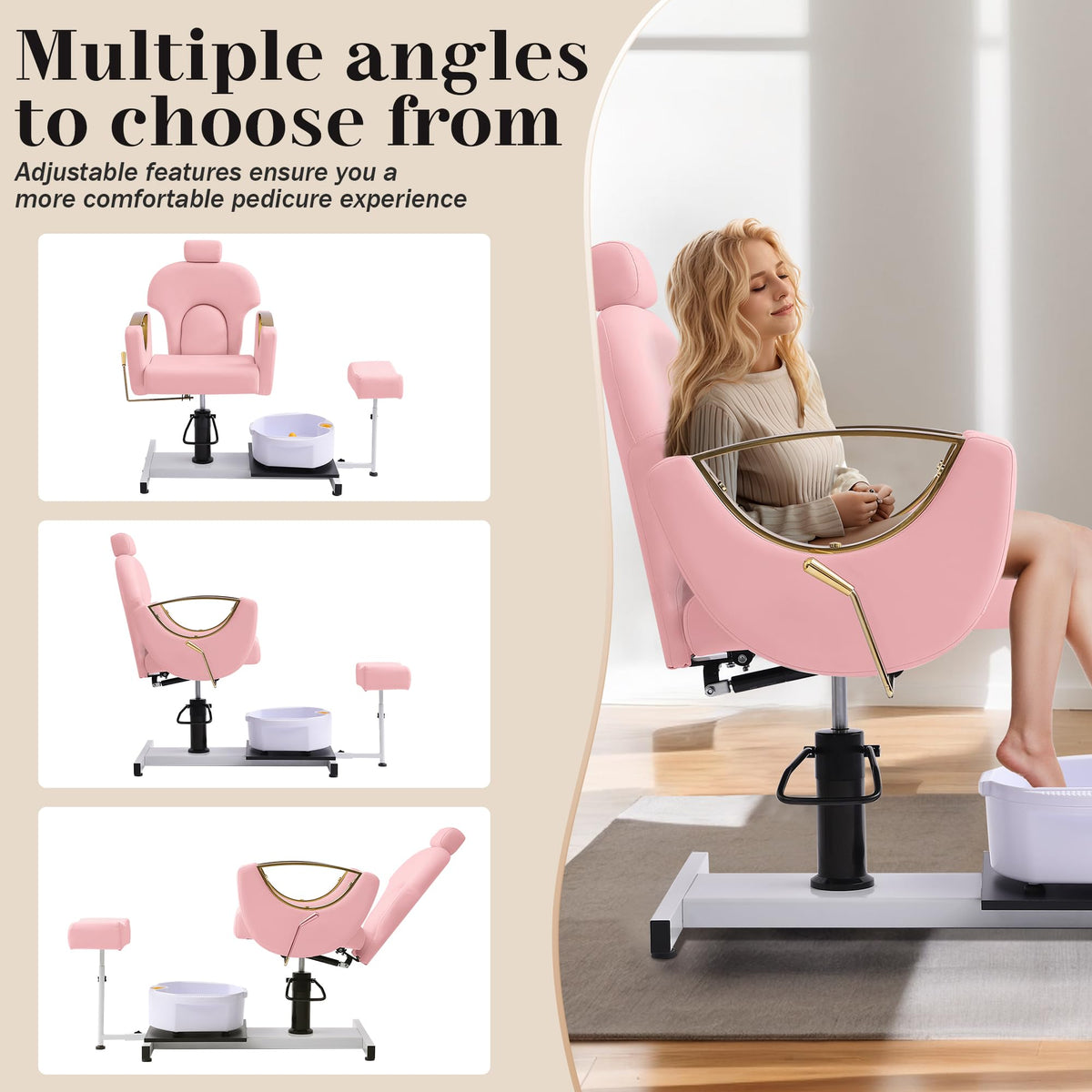 LOUVIXA Pedicure Station No Plumbing, Hydraulic Pedicure Chair for Nail Tech, Height Adjustable Reclining Pedicure Station Unit, with Massage Foot Bath (Cream White-Pillow)