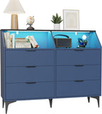 LOUVIXA 6 Drawer Dresser with LED Light, Chest of Drawers with Charging Station, Large Double Dressers, Wooden Dressers for Bedroom, Living Room, Entryway, Hallway (Blue)