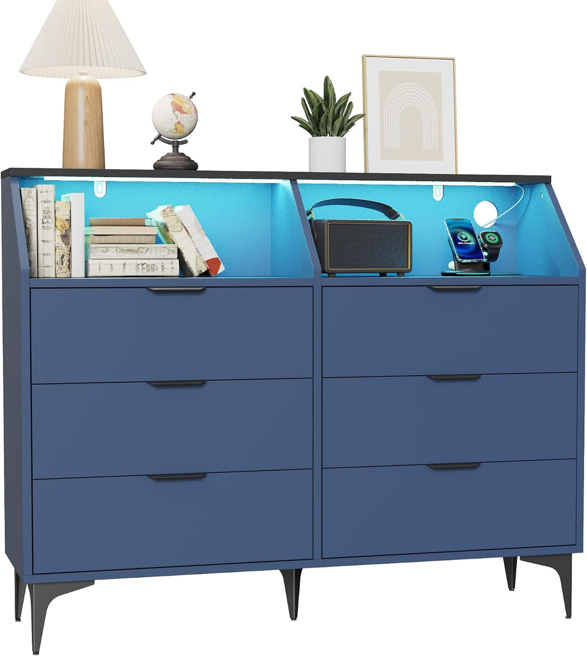 LOUVIXA 6 Drawer Dresser with LED Light, Chest of Drawers with Charging Station, Large Double Dressers, Wooden Dressers for Bedroom, Living Room, Entryway, Hallway (Blue)
