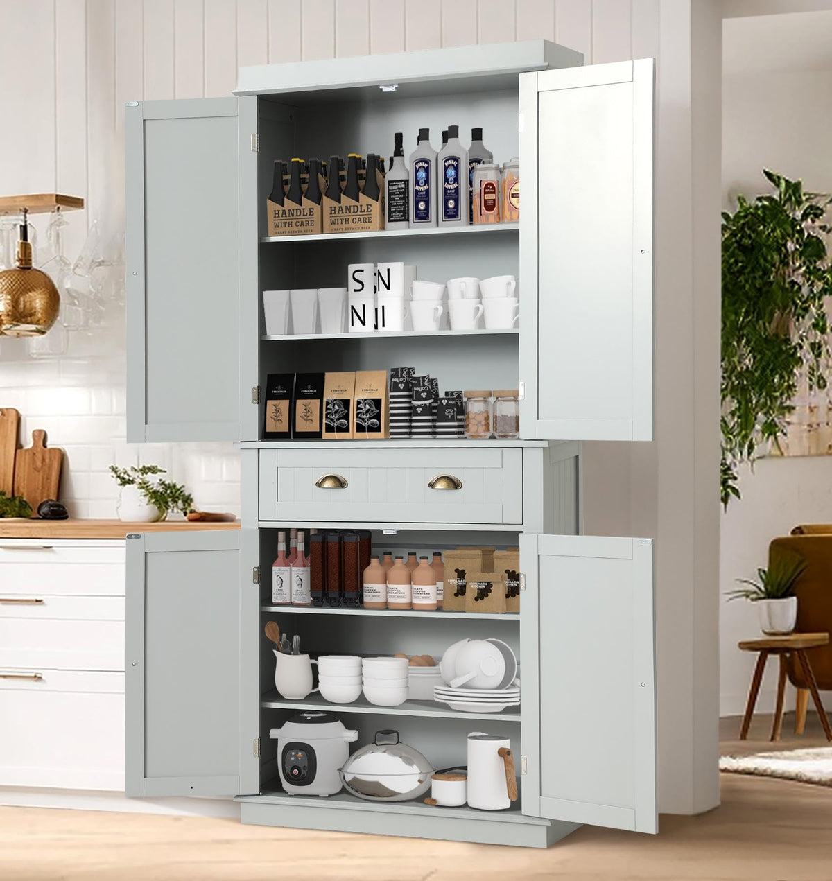 LOUVIXA 72" Kitchen Pantry Storage Cabinet, Freestanding Cupboard with 2 Cabinets, Drawer and Adjustable Shelves, Tall Storage Cabinet for Kitchen, Dinning Room, Living Room (White)