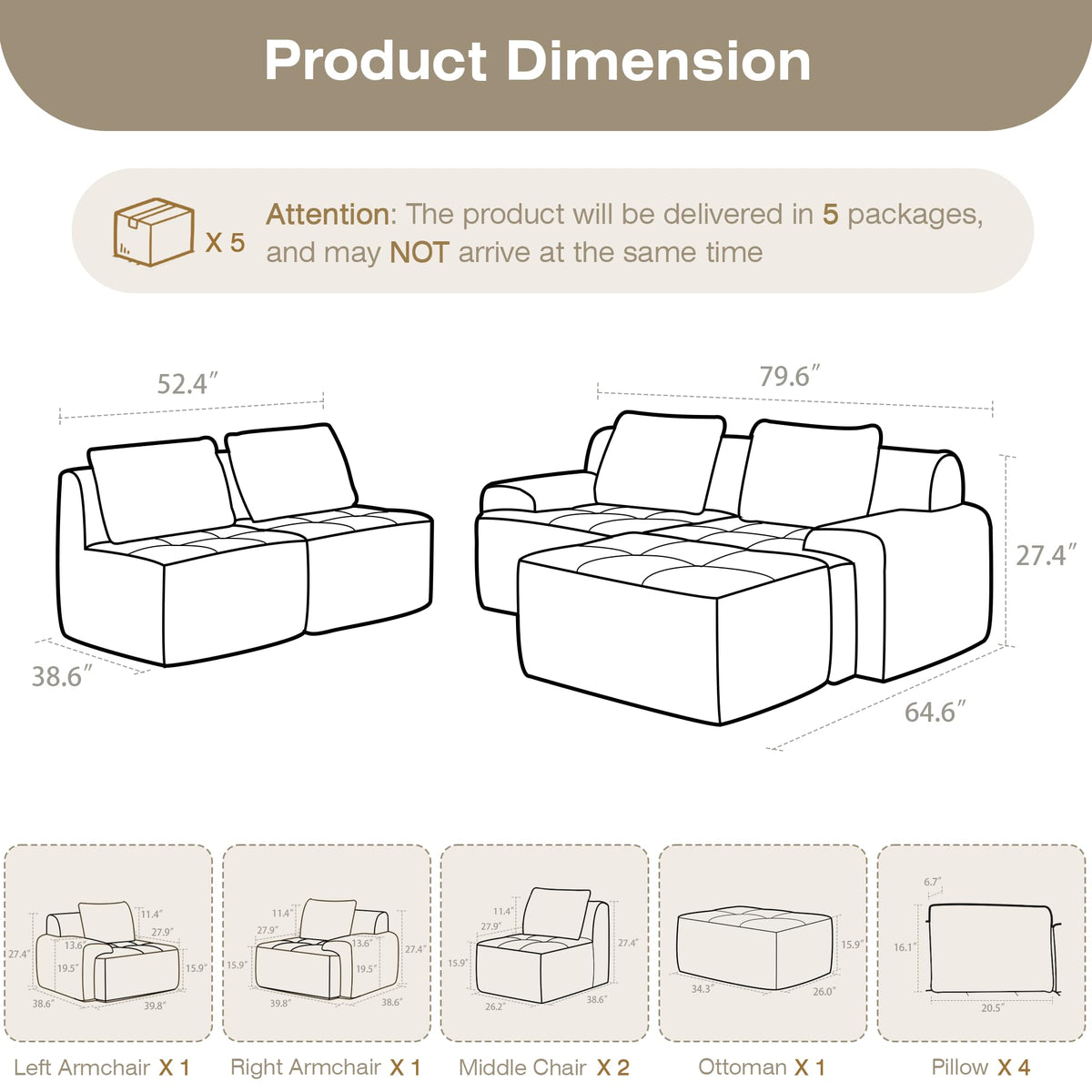 Modular Sectional Sofa, Boneless Couches for Living Room, Corduroy Couch, Big Comfy Couch, Modular Cloud Sofa with Deep Seat (Grey, 2 Pieces-Loveseat)