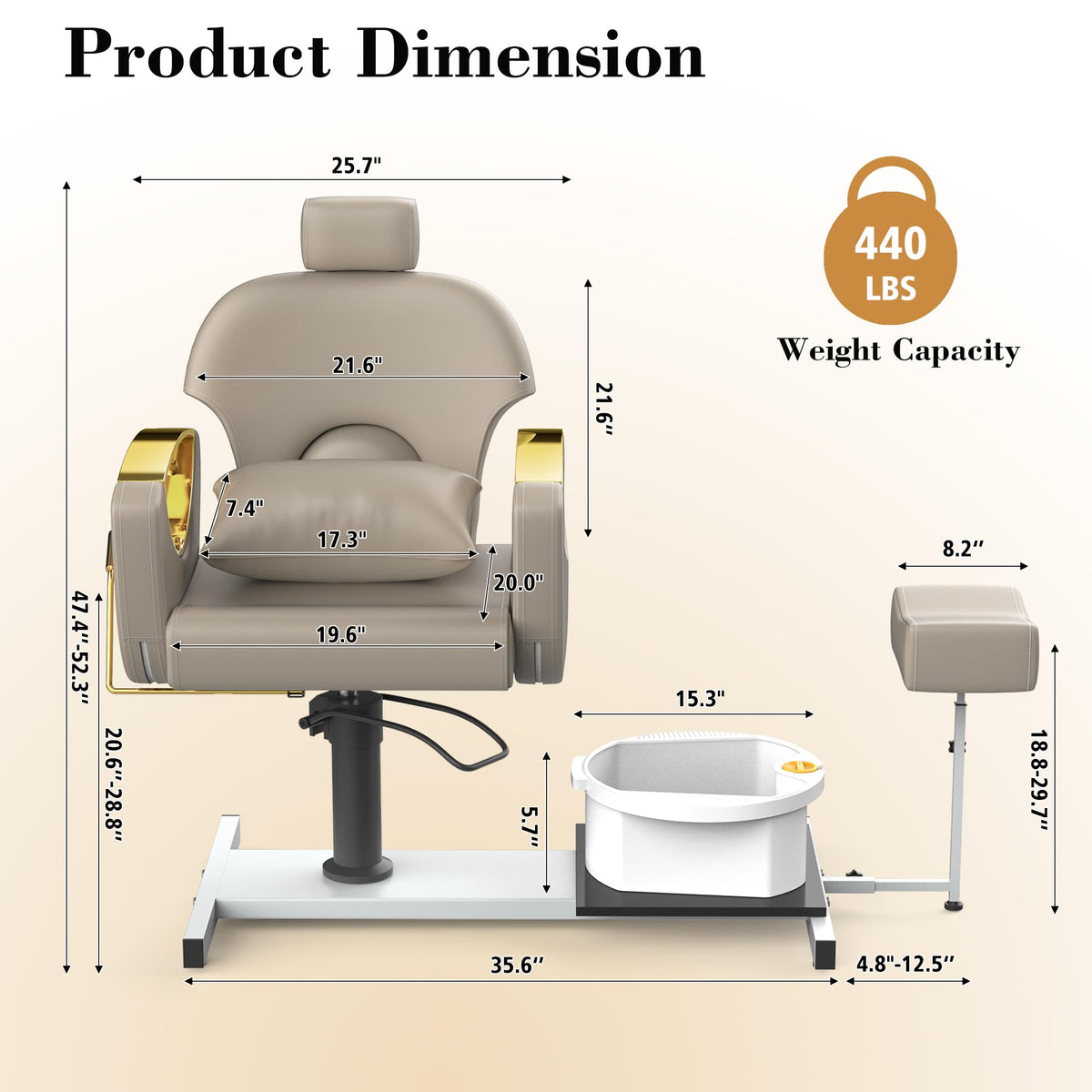 LOUVIXA Pedicure Station No Plumbing, Hydraulic Pedicure Chair for Nail Tech, Height Adjustable Reclining Pedicure Station Unit, with Massage Foot Bath (Cream White-Pillow)
