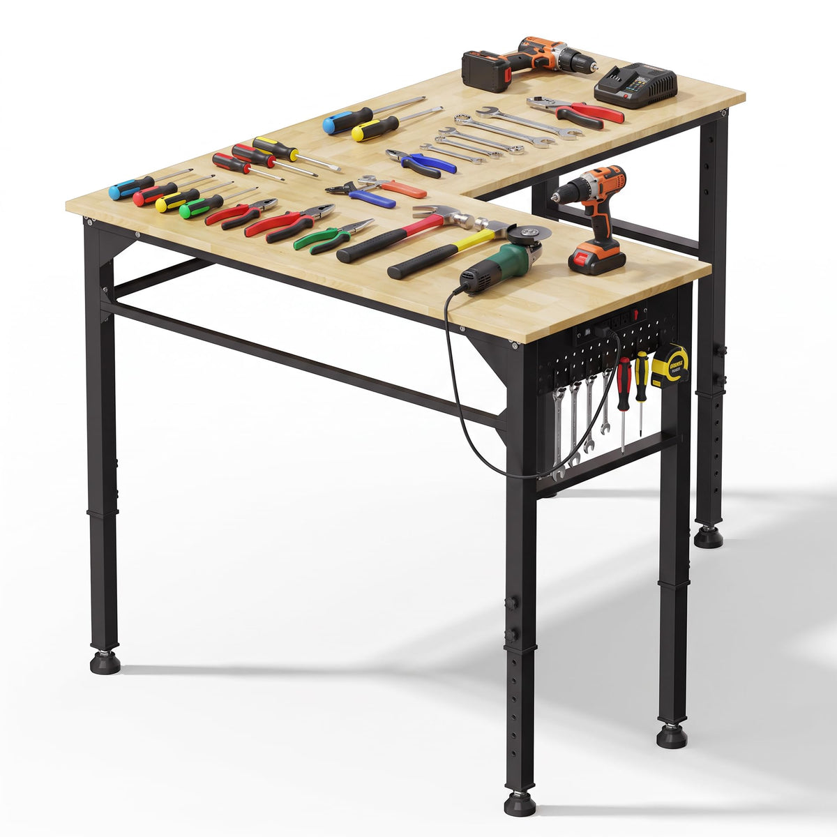 94.5" Heavy Duty Workbench, Height Adjustable Garage Work Table, Workstation Desk with Power Strip2, Workbench with Pegboard, 2000LBS Max Load