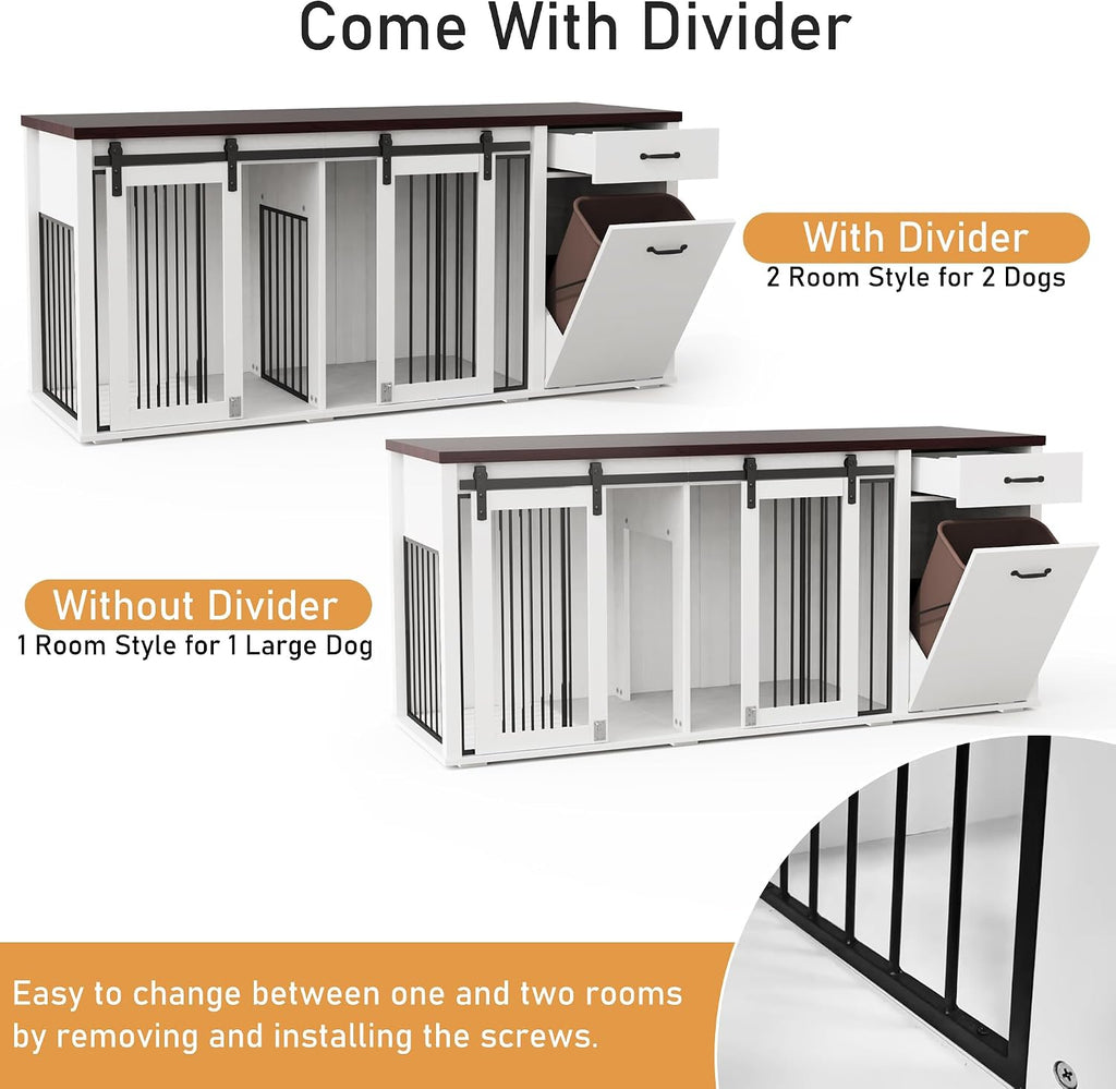 71" Large Dog Crate Furniture for 2 Dogs, Wooden Dog Kennel with Drawer, Furniture Style Dog Crates, Decorative Dog Crate with Tilt Out Trash Cabinet, Divider and Sliding Barn Door (White)