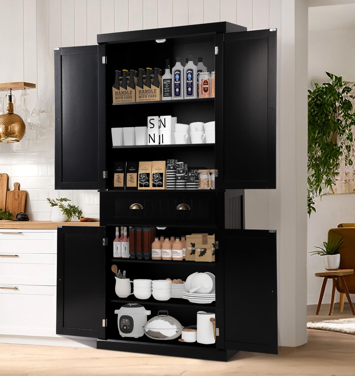 LOUVIXA 72" Kitchen Pantry Storage Cabinet, Freestanding Cupboard with 2 Cabinets, Drawer and Adjustable Shelves, Tall Storage Cabinet for Kitchen, Dinning Room, Living Room (White)
