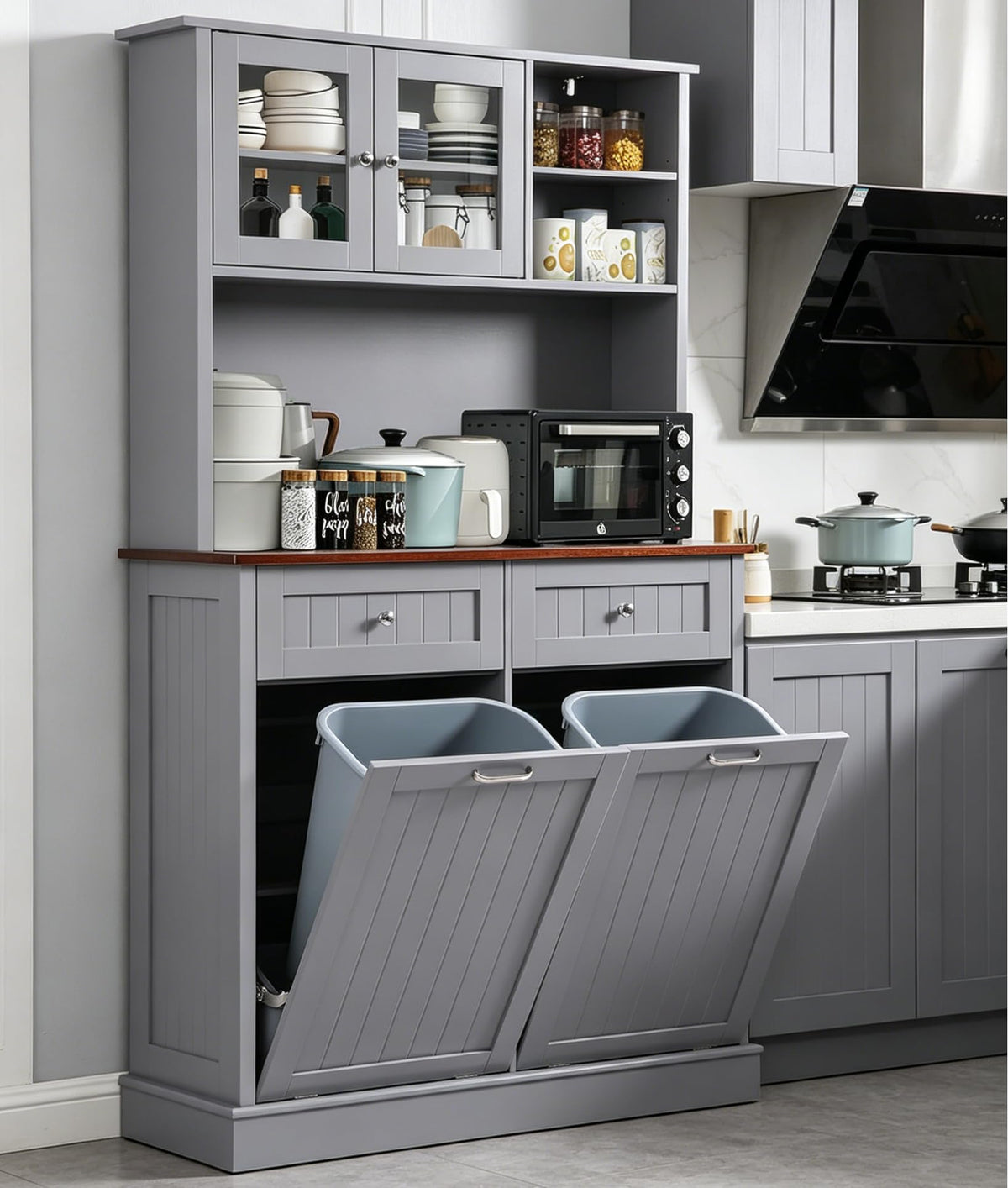 LOUVIXA 68.4" Kitchen Pantry Storage Cabinet, Freestanding Cupboard with Shelf, 2 Drawers and 1 Tilt Out Trash Cabinet, Tall Cabinets for Kitchen, Dinning Room, Living Room (White, Double Tilt)