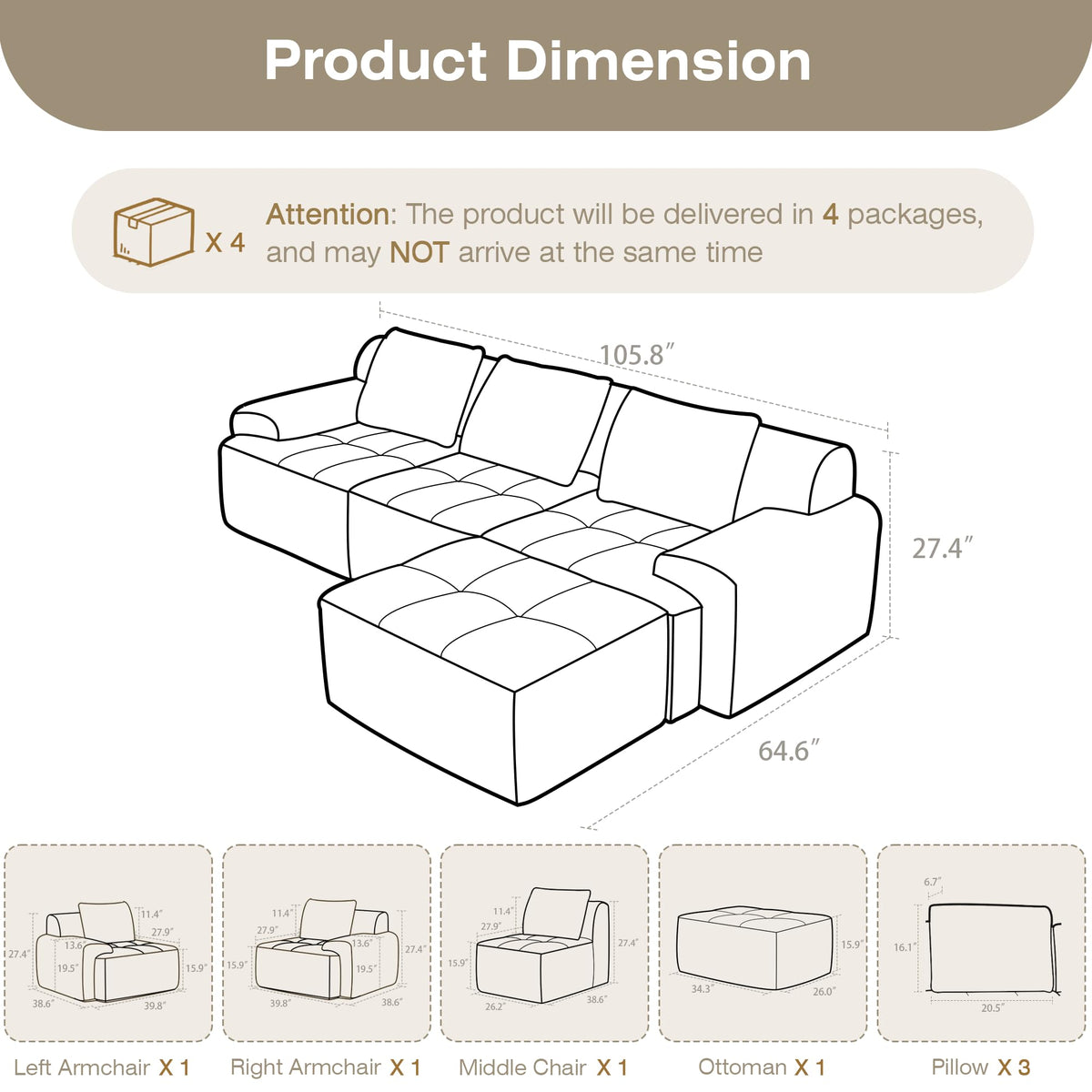 Modular Sectional Sofa, Boneless Couches for Living Room, Corduroy Couch, Big Comfy Couch, Modular Cloud Sofa with Deep Seat (Grey, 2 Pieces-Loveseat)