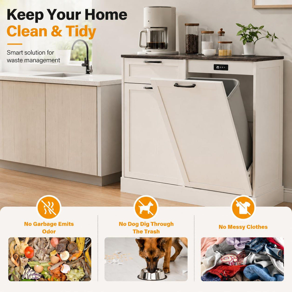 LOUVIXA Double Tilt Out Trash Cabinet, Kitchen Island with Trash Storage, Trashcan Cabinet for Kitchens, Wood Cabinet with Trash Can Pull Out, Dog Proof Trash Can (Off White, 20 Gal)