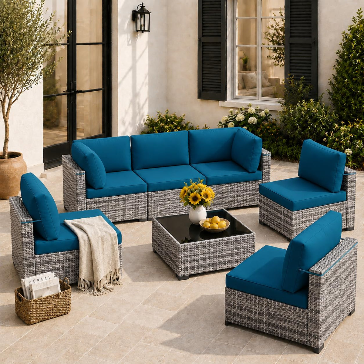 LOUVIXA 7 Piece Outdoor Patio Furniture Set, Rattan Chairs Glass Table Wicker Conversation Seating Sectional Sofa with Cushions (Brown-Camel, 7Pcs-2 Layer Coffee Table)