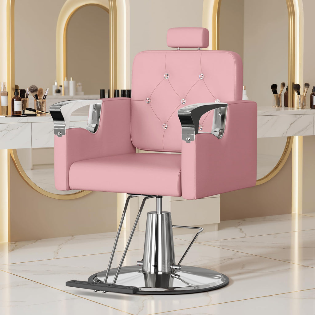 LOUVIXA Barber Chair Reclining, Salon Chairs for Hair Stylist, Height Adjustable Salon Styling Chair, Heavy Duty Barber Chairs, 360 Swivel Barbershop Chair (Rosa-Sliver, 330LBS)
