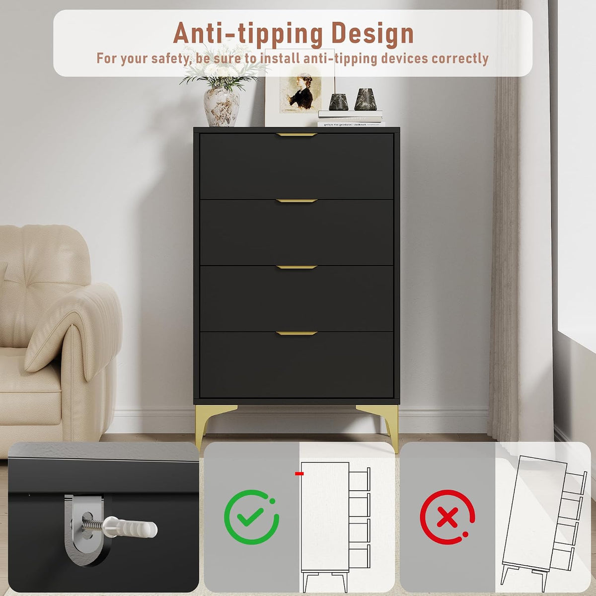 LOUVIXA Dresser for Bedroom with 4 Drawers, Wood Chest of Drawers, Dresser Storage Cabinet, 4 Drawer Dressers for Bedroom, Living Room, Entryway, Cloakroom (Black)