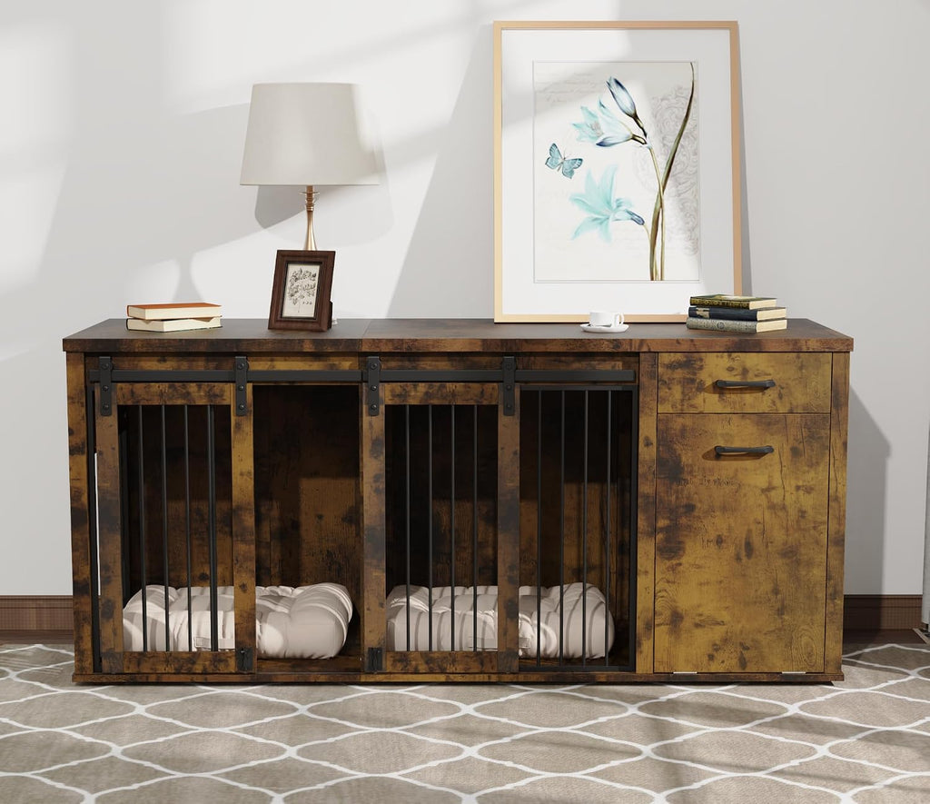71" Large Dog Crate Furniture for 2 Dogs, Wood Dog Kennel with Drawer, Furniture Style Dog Crates, Decorative Dog Crate with Tilt Out Trash Cabinet, Divider and Sliding Barn Door (Retro Bright Brown)