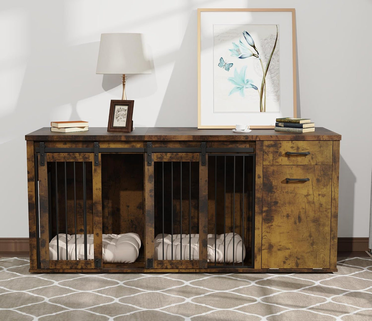 71" Large Dog Crate Furniture for 2 Dogs, Wood Dog Kennel with Drawer, Furniture Style Dog Crates, Decorative Dog Crate with Tilt Out Trash Cabinet, Divider and Sliding Barn Door (Retro Bright Brown)