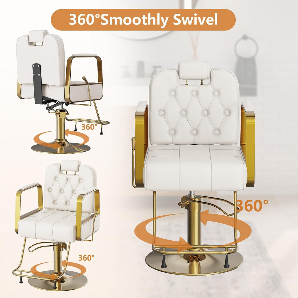 Barber Salon Chair for Hair Sylist, Hydraulic Salon Chairs with Headrest, Height Adjustable Barber Chairs, Reclining Barber Styling Chairs, 360 Degrees Rotation Shampoo Chair for Barbershop(White)