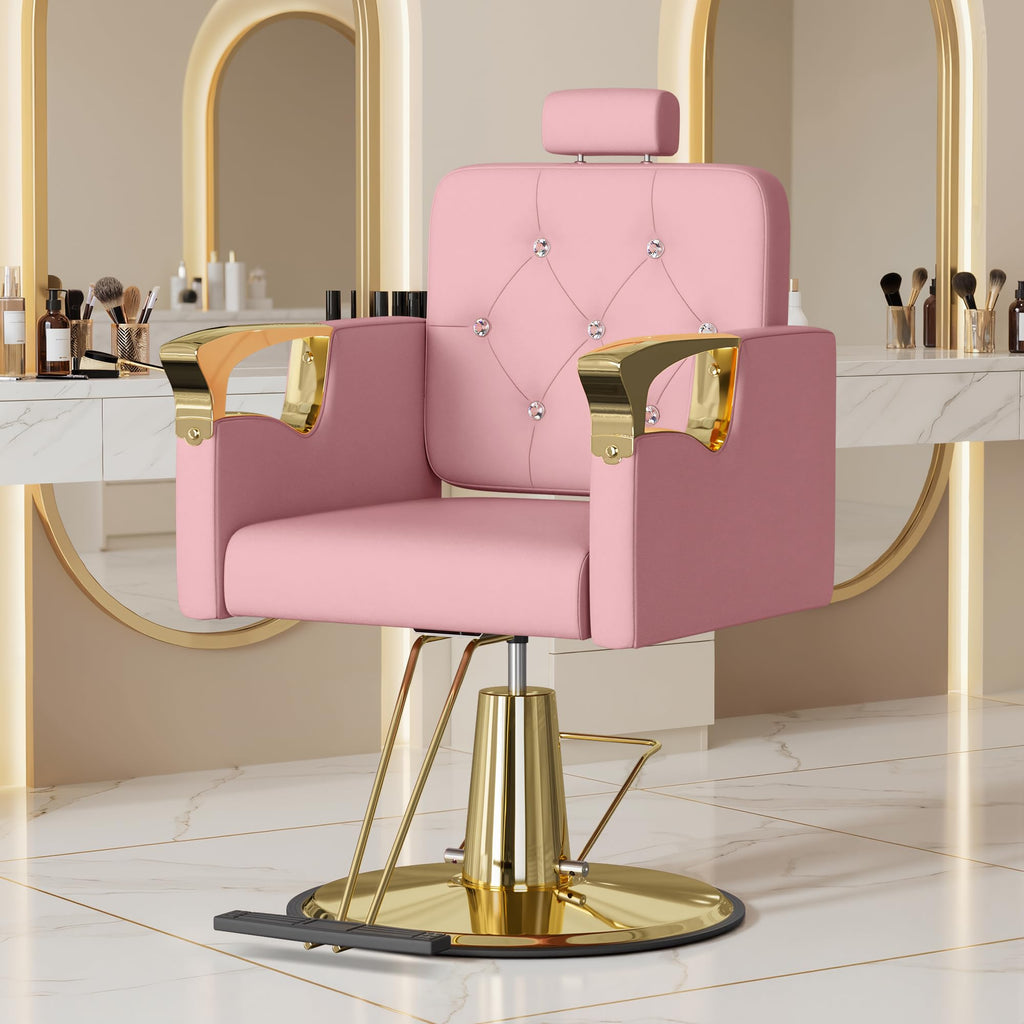 LOUVIXA Barber Chair Reclining, Salon Chairs for Hair Stylist, Height Adjustable Salon Styling Chair, Heavy Duty Barber Chairs, 360 Swivel Barbershop Chair (Rosa-Sliver, 330LBS)