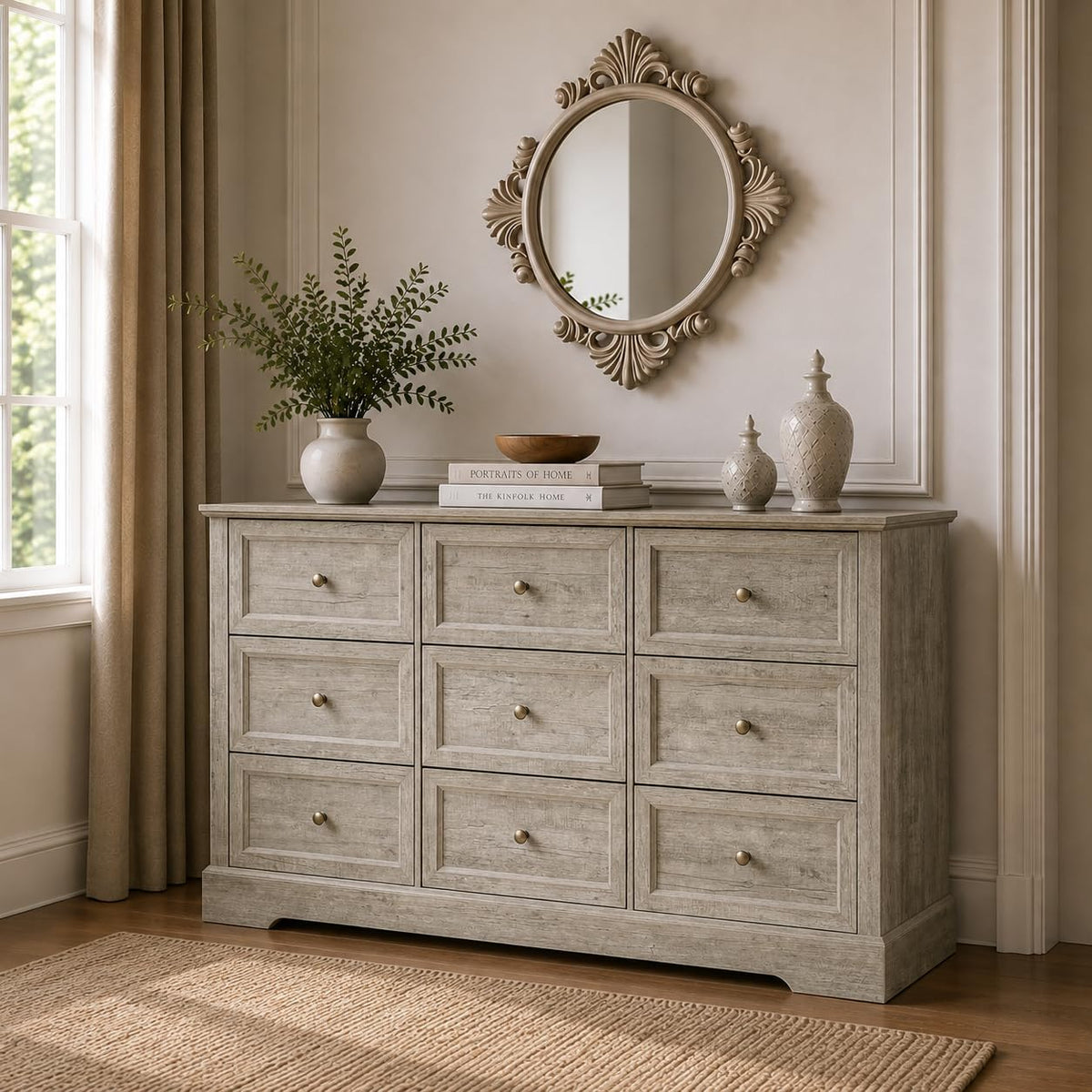 LOUVIXA Farmhouse Dresser 9 Drawer, Bedroom Chest of Drawers, Dressers with 9 Drawers, Wooden Dressers for Bedroom, Living Room, Tv Stand, Entryway(Rustic Yellow)