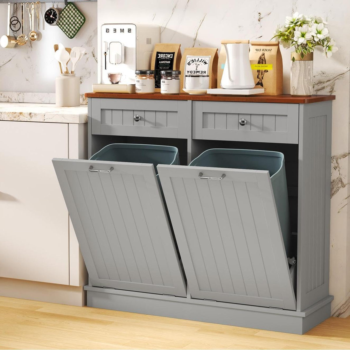 LOUVIXA Tilt Out Trash Can Cabinet Dog Proof with Double Wood Hidden Trash Can Holder, Kitchen Free Standing Recycling Cabinet（Black）
