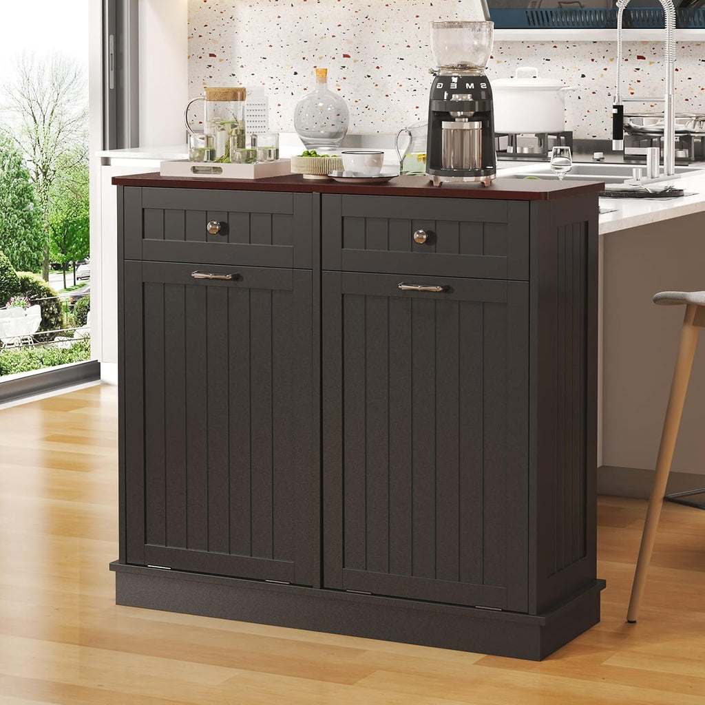 LOUVIXA Tilt Out Trash Can Cabinet Dog Proof with Double Wood Hidden Trash Can Holder, Kitchen Free Standing Recycling Cabinet（Black）