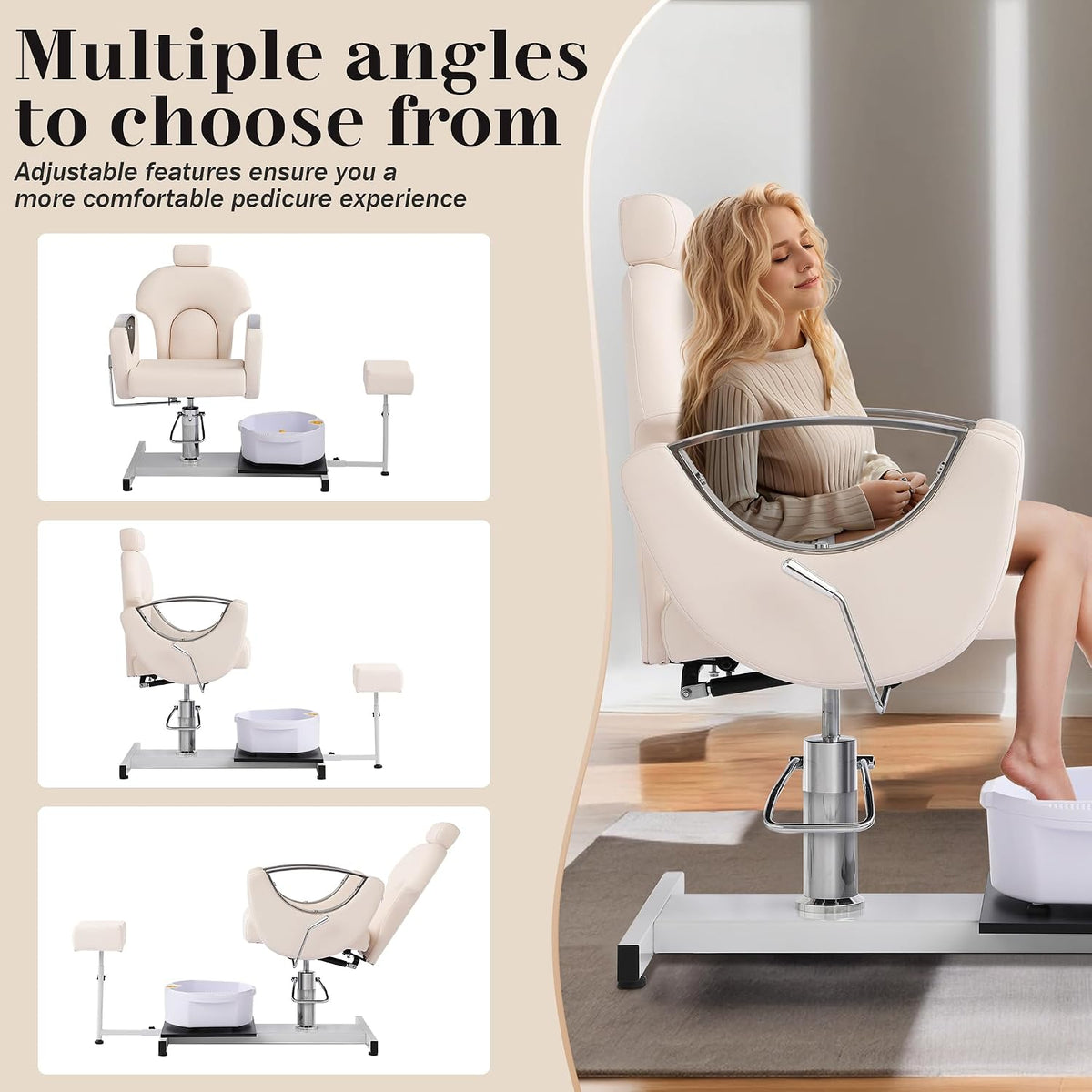 LOUVIXA Pedicure Station No Plumbing, Hydraulic Pedicure Chair for Nail Tech, Height Adjustable Reclining Pedicure Station Unit, with Massage Foot Bath (Cream White-Pillow)