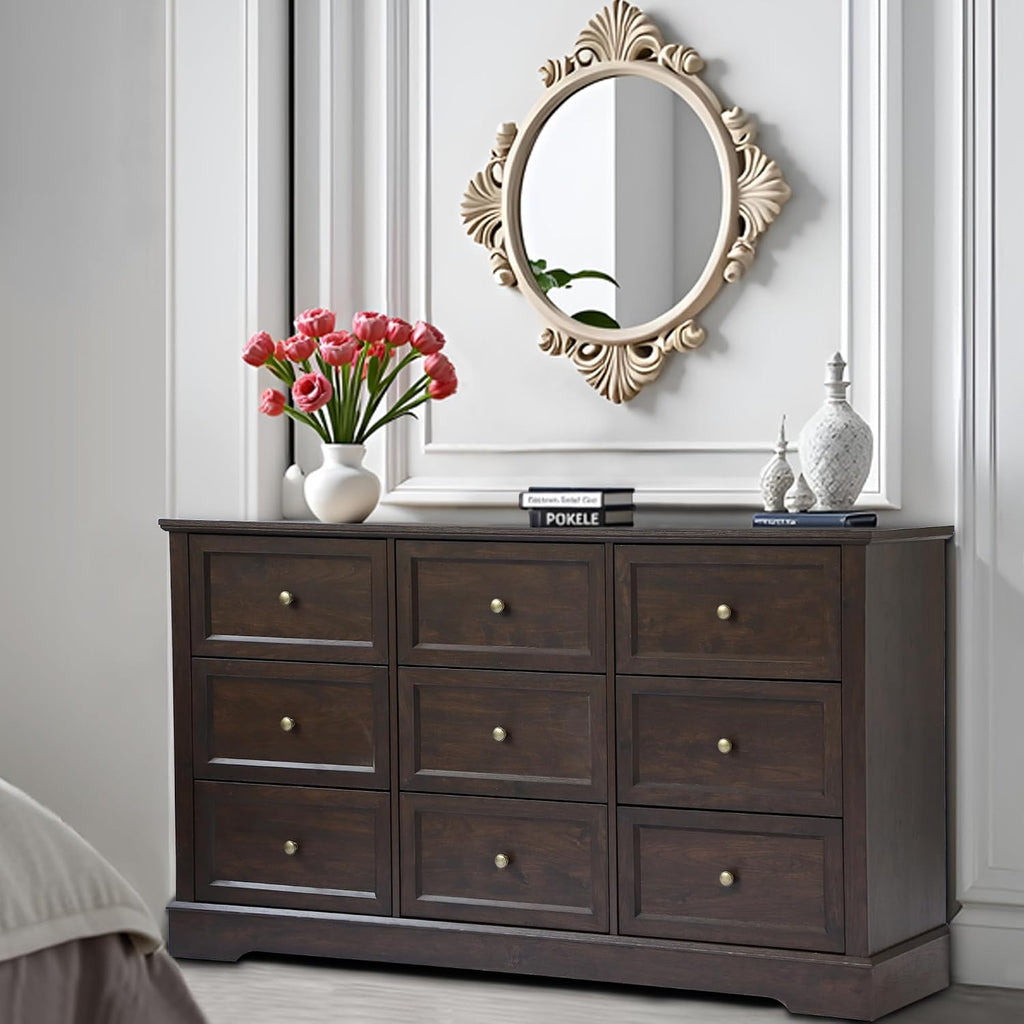 LOUVIXA Farmhouse Bedroom Sets of 3, Including 9 Drawer Dresser, Nightstand Set of 2 with Charging Station (Brown Sets, 3 Pieces-9 Drawer Dresser+2 Nightstand)