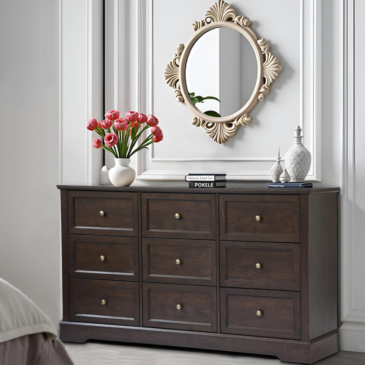 LOUVIXA Farmhouse Bedroom Sets of 3, Including 9 Drawer Dresser, Nightstand Set of 2 with Charging Station (Brown Sets, 3 Pieces-9 Drawer Dresser+2 Nightstand)