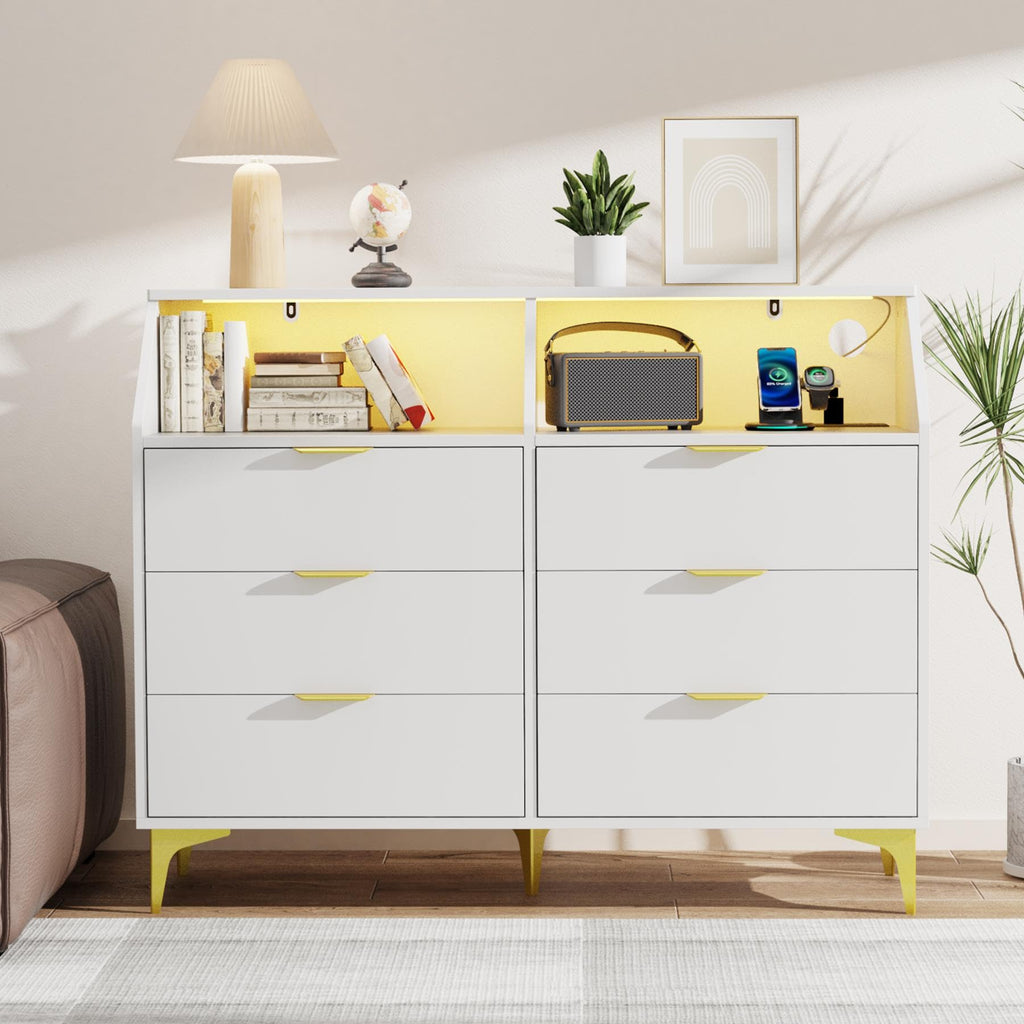LOUVIXA 6 Drawer Dresser with LED Light, Chest of Drawers with Charging Station, Large Double Dressers, Wooden Dressers for Bedroom, Living Room, Entryway, Hallway (Blue)