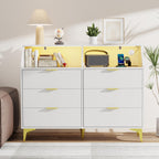 LOUVIXA 6 Drawer Dresser with LED Light, Chest of Drawers with Charging Station, Large Double Dressers, Wooden Dressers for Bedroom, Living Room, Entryway, Hallway (Blue)
