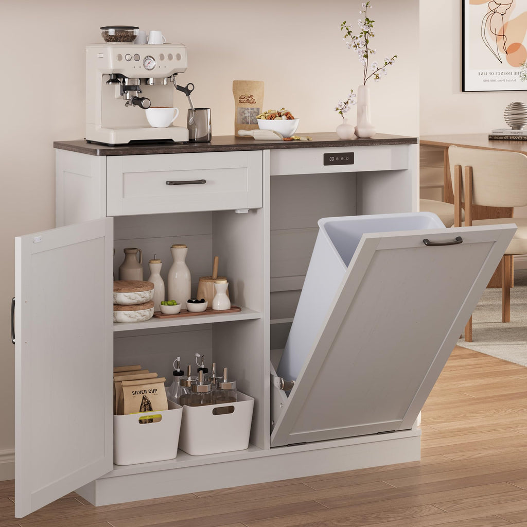 LOUVIXA Double Tilt Out Trash Cabinet, Kitchen Island with Trash Storage, Trashcan Cabinet for Kitchens, Wood Cabinet with Trash Can Pull Out, Dog Proof Trash Can (Off White, 20 Gal)