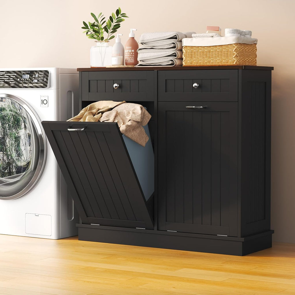LOUVIXA Tilt Out Trash Can Cabinet Dog Proof with Double Wood Hidden Trash Can Holder, Kitchen Free Standing Recycling Cabinet（Black）