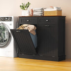 LOUVIXA Tilt Out Trash Can Cabinet Dog Proof with Double Wood Hidden Trash Can Holder, Kitchen Free Standing Recycling Cabinet（Black）
