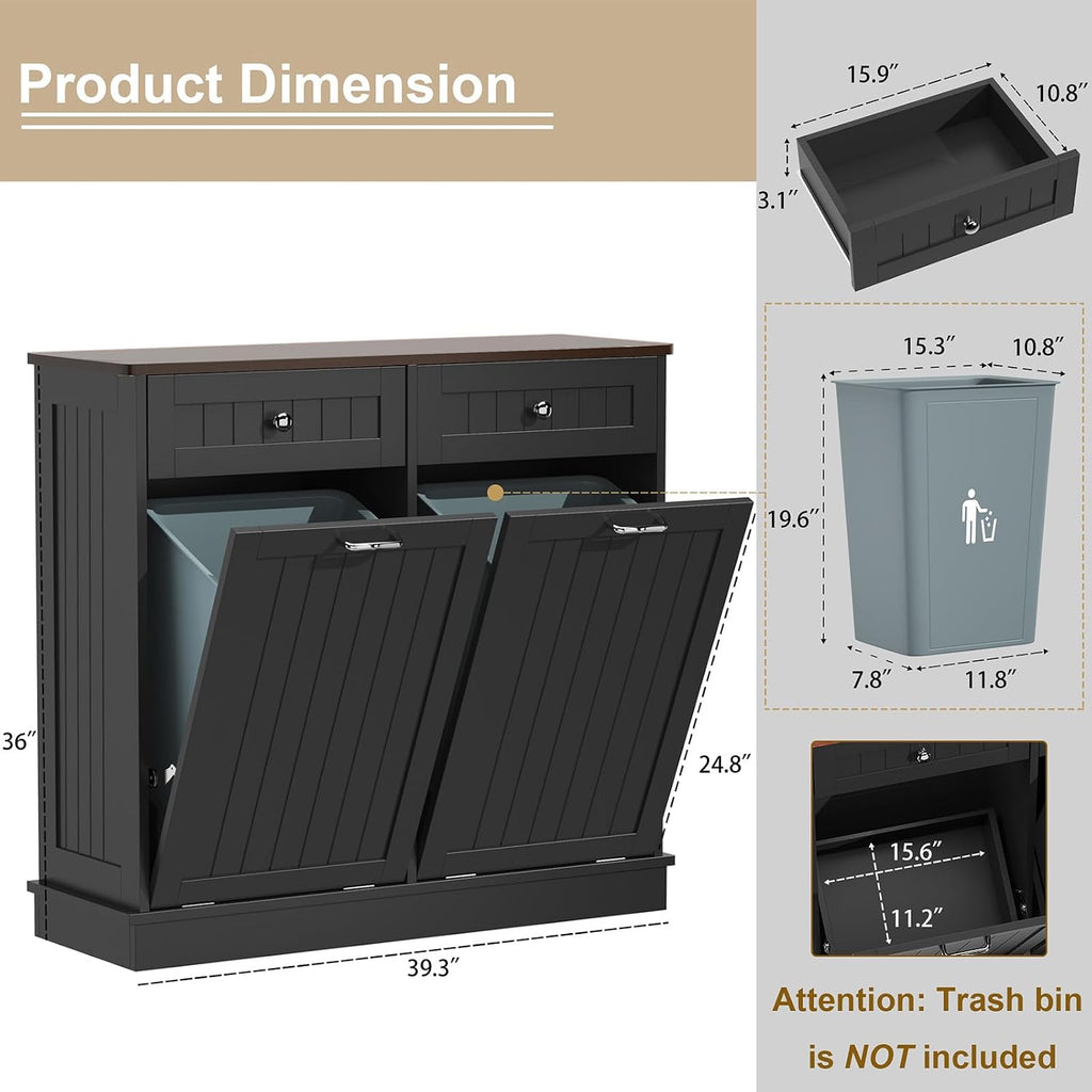 LOUVIXA Tilt Out Trash Can Cabinet Dog Proof with Double Wood Hidden Trash Can Holder, Kitchen Free Standing Recycling Cabinet（Black）