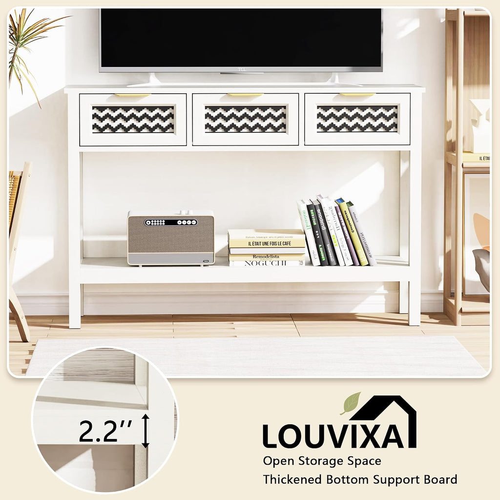 LOUVIXA Boho Entryway Table, Rattan Console Table, Wood Entryway Console, Long Hallway Table with 3 Drawers & Open Shelf for Living Room, Hallway, Corridor, Foyer (White)