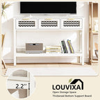 LOUVIXA Boho Entryway Table, Rattan Console Table, Wood Entryway Console, Long Hallway Table with 3 Drawers & Open Shelf for Living Room, Hallway, Corridor, Foyer (White)