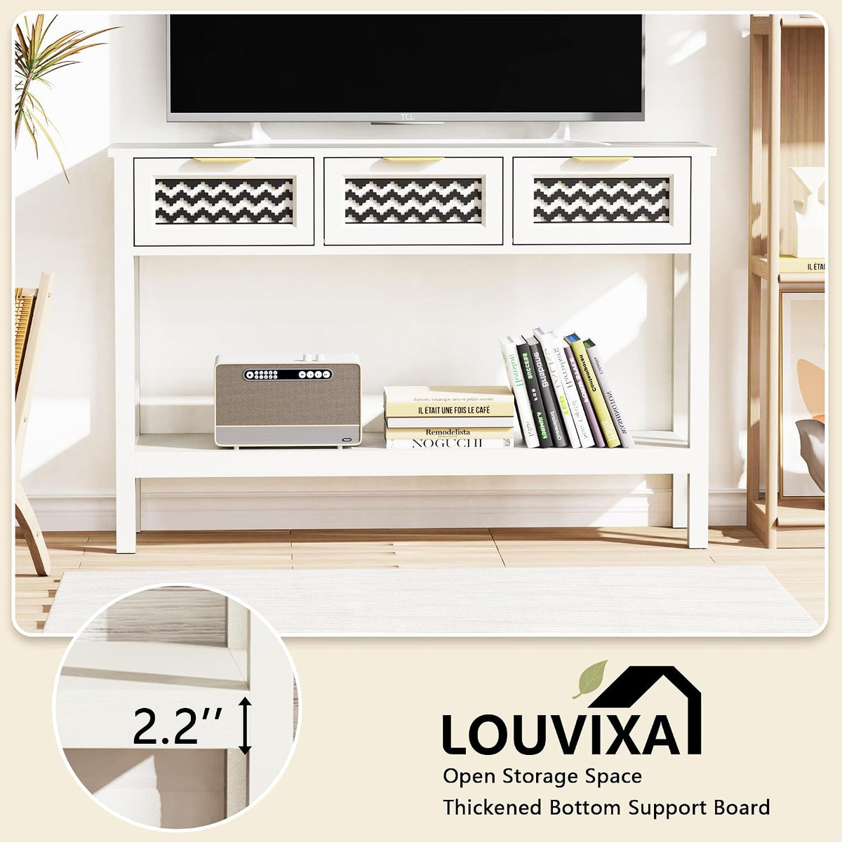 LOUVIXA Boho Entryway Table, Rattan Console Table, Wood Entryway Console, Long Hallway Table with 3 Drawers & Open Shelf for Living Room, Hallway, Corridor, Foyer (White)