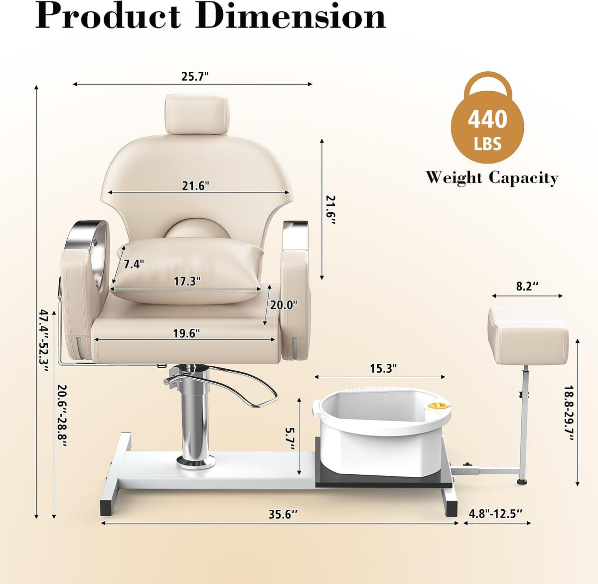 LOUVIXA Pedicure Station No Plumbing, Hydraulic Pedicure Chair for Nail Tech, Height Adjustable Reclining Pedicure Station Unit, with Massage Foot Bath (Cream White-Pillow)