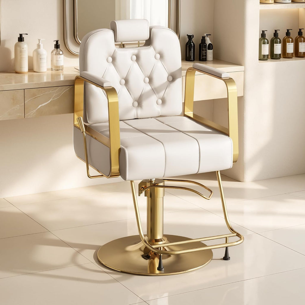 Barber Salon Chair for Hair Sylist, Hydraulic Salon Chairs with Headrest, Height Adjustable Barber Chairs, Reclining Barber Styling Chairs, 360 Degrees Rotation Shampoo Chair for Barbershop(White)