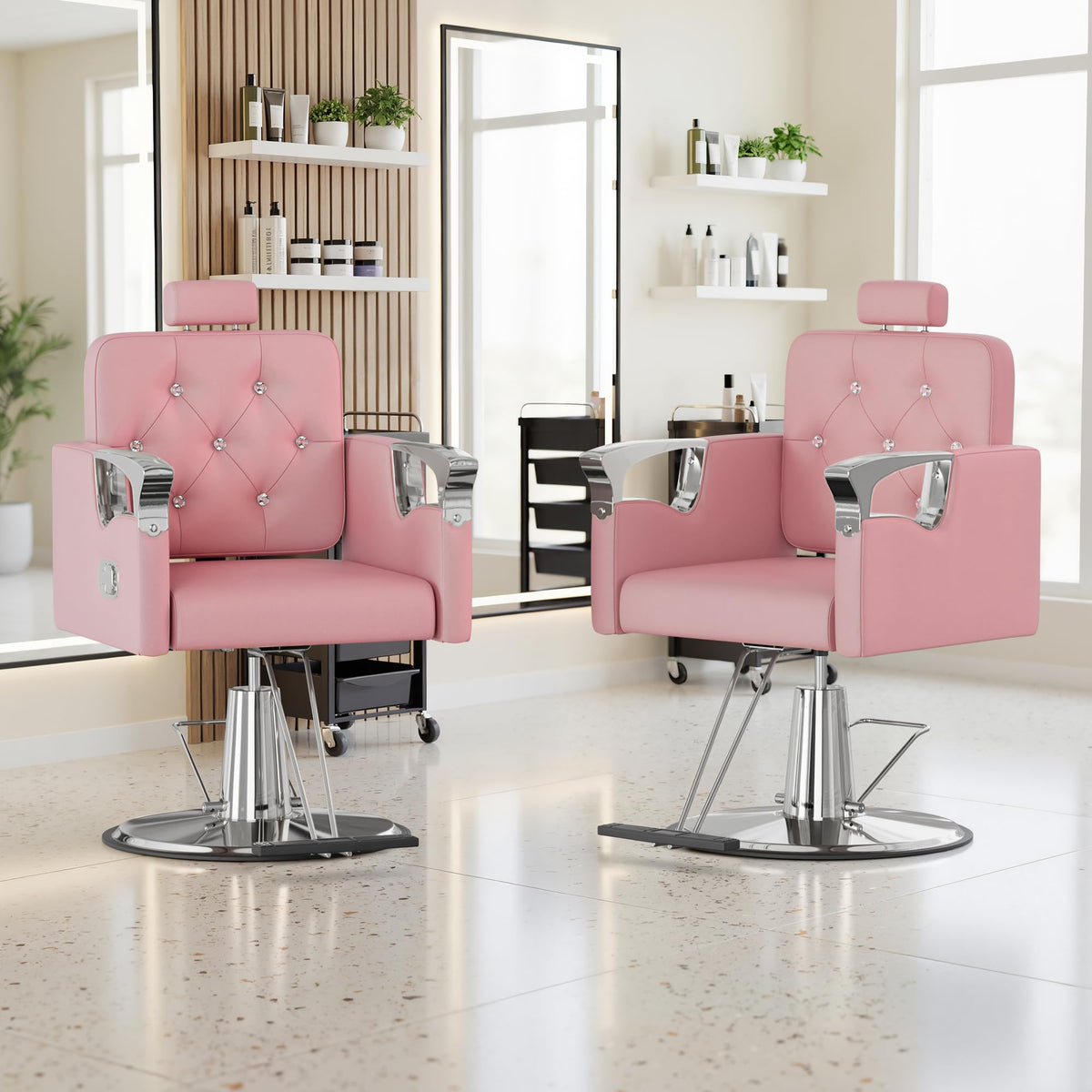 LOUVIXA Barber Chair Reclining, Salon Chairs for Hair Stylist, Height Adjustable Salon Styling Chair, Heavy Duty Barber Chairs, 360 Swivel Barbershop Chair (Rosa-Sliver, 330LBS)