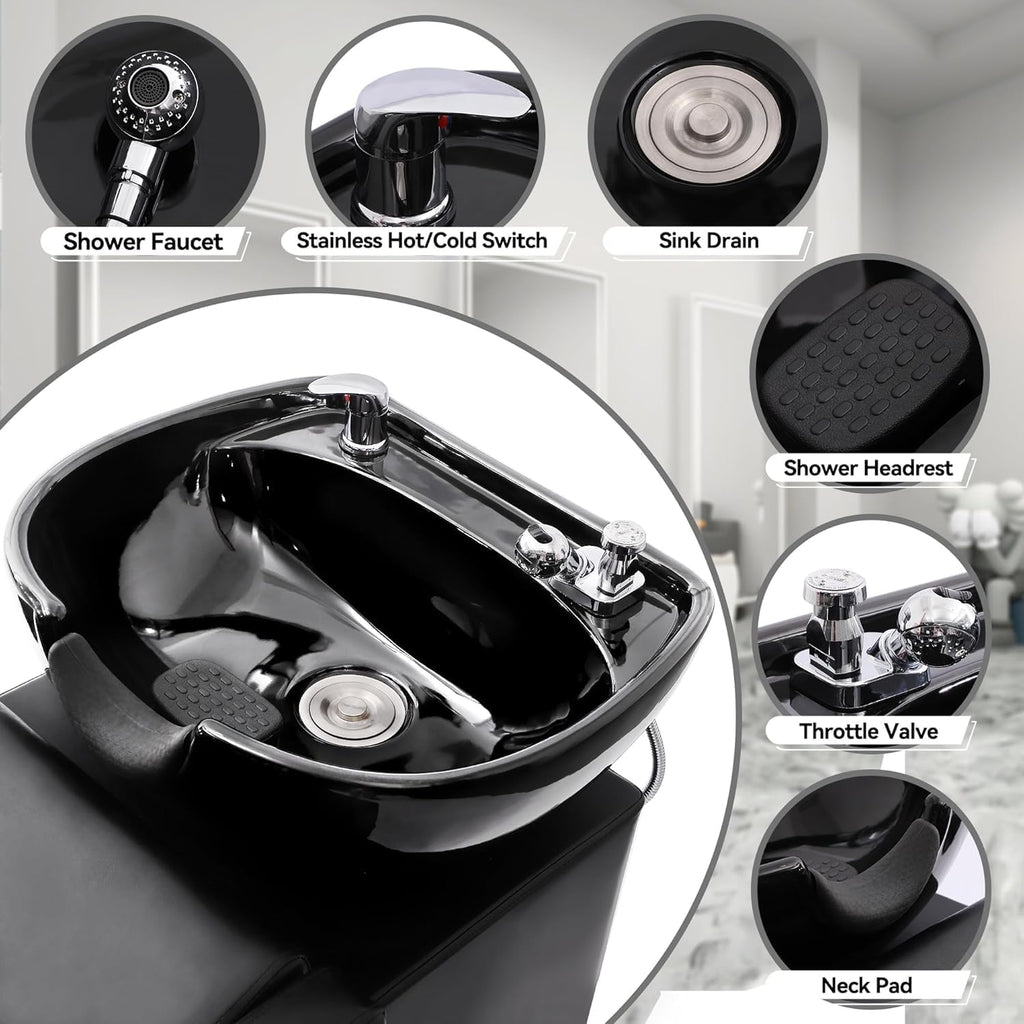 Shampoo Stations for Salon, Backwash Chair with Ceramic Bowl, Backwash Shampoo Unit with Foot Pedal, Sink Chair Station, Hair Washing Station for Barbershop (Black)