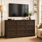 LOUVIXA Farmhouse Dresser 9 Drawer, Bedroom Chest of Drawers, Dressers with 9 Drawers, Wooden Dressers for Bedroom, Living Room, Tv Stand, Entryway(Rustic Yellow)
