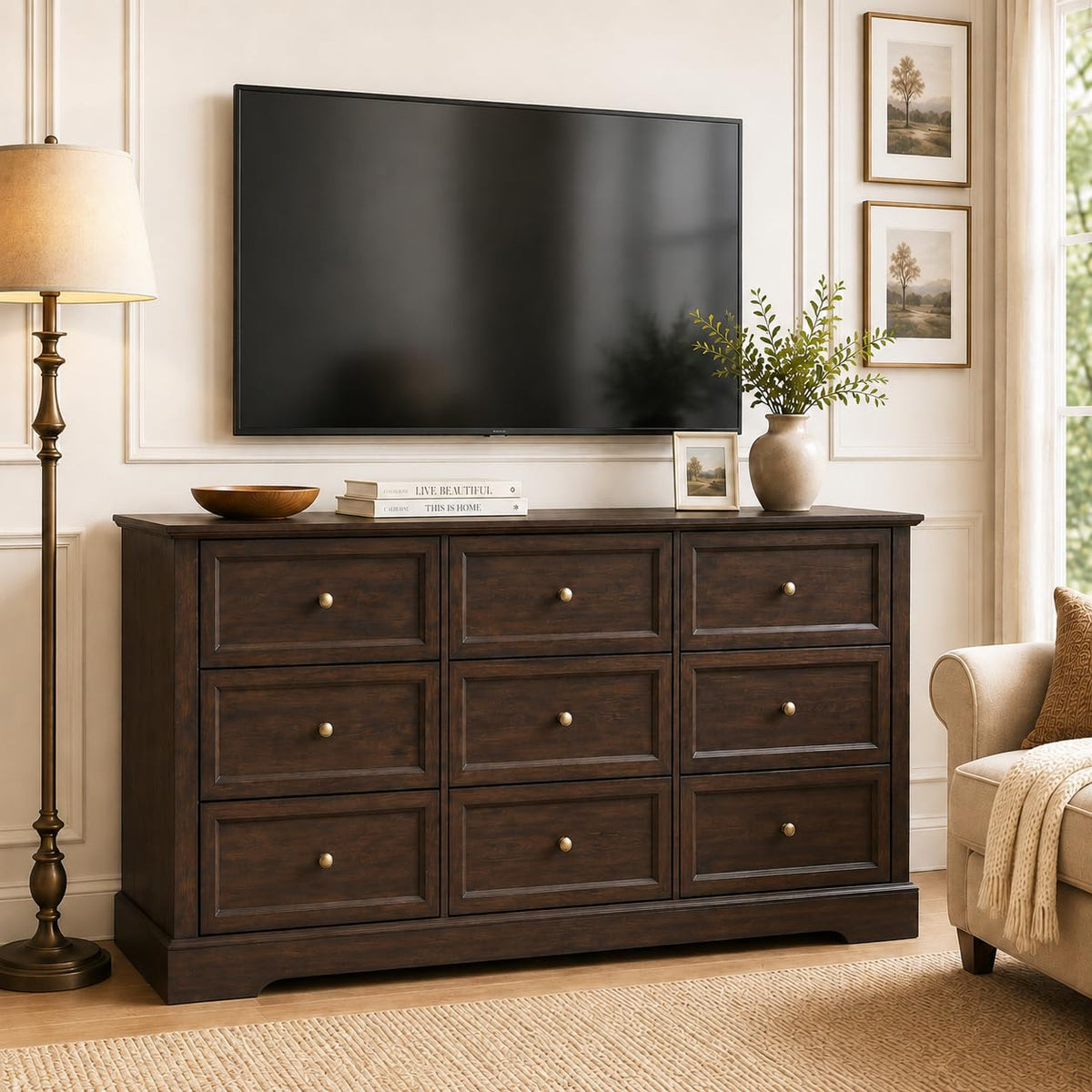 LOUVIXA Farmhouse Dresser 9 Drawer, Bedroom Chest of Drawers, Dressers with 9 Drawers, Wooden Dressers for Bedroom, Living Room, Tv Stand, Entryway(Rustic Yellow)