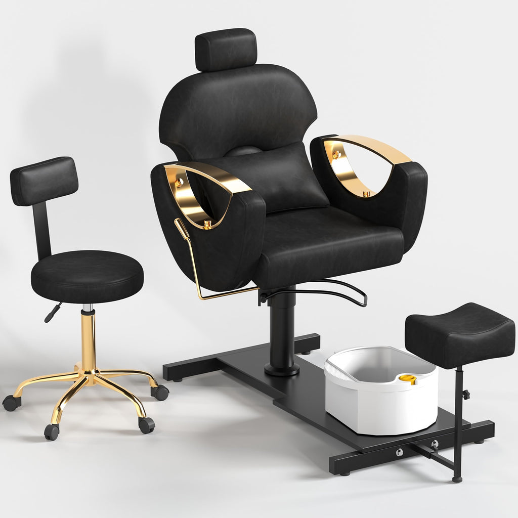 LOUVIXA Pedicure Station No Plumbing, Hydraulic Pedicure Chair for Nail Tech, Height Adjustable Reclining Pedicure Station Unit, with Massage Foot Bath (Cream White-Pillow)