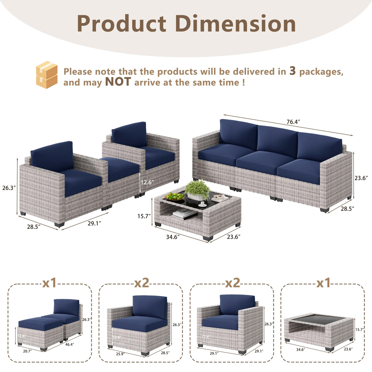 LOUVIXA 7 Piece Outdoor Patio Furniture Set, Rattan Chairs Glass Table Wicker Conversation Seating Sectional Sofa with Cushions (Brown-Camel, 7Pcs-2 Layer Coffee Table)