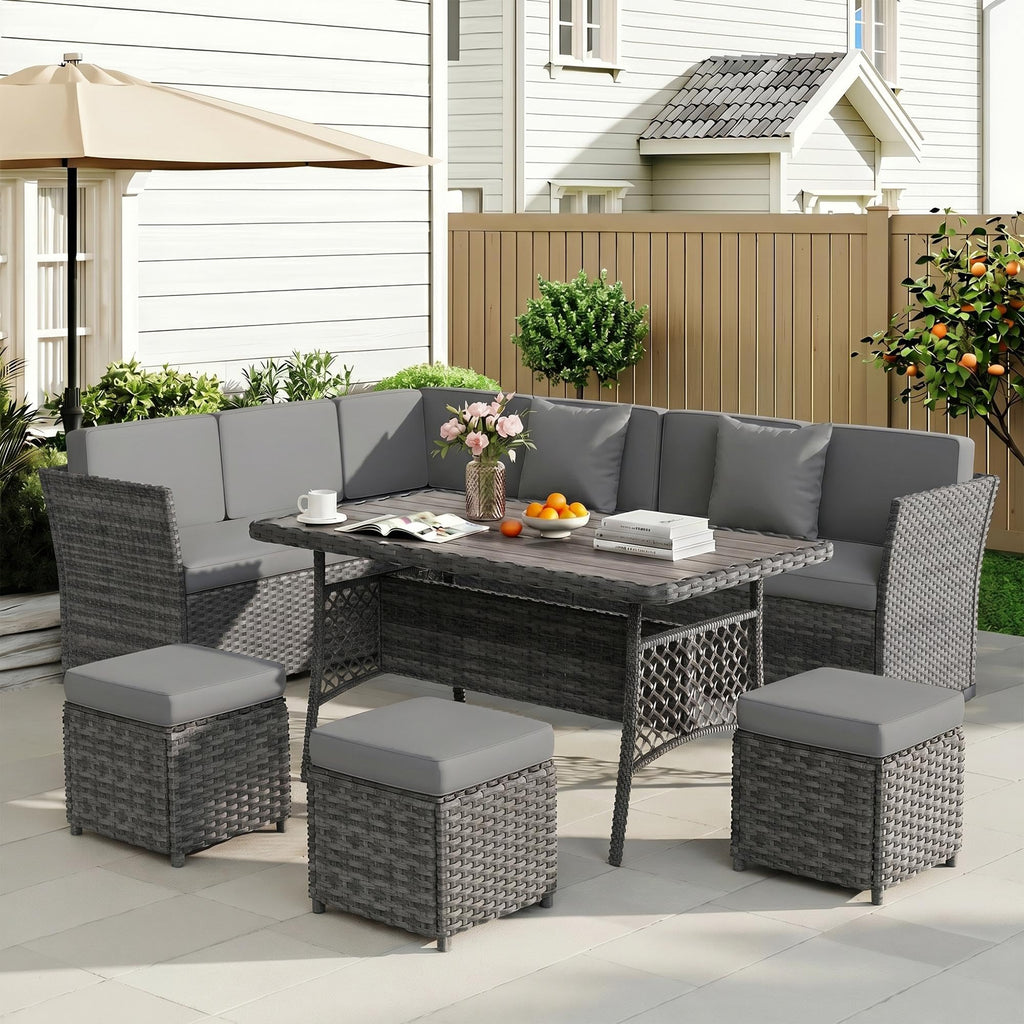 LOUVIXA 7 Pieces Patio Furniture Set, Outdoor Patio Furniture, Wicker Conversation Set with Dining Table, Chairs and Ottoman (6237 Grey-Brown)