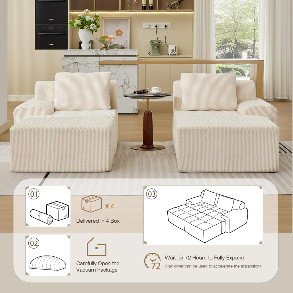 Modular Sectional Sofa, Boneless Couches for Living Room, Corduroy Couch, Big Comfy Couch, Modular Cloud Sofa with Deep Seat (Grey, 2 Pieces-Loveseat)