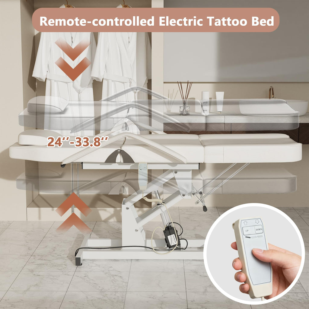 LOUVIXA Electric Height Adjustable Tattoo Bed, Electric Lift Massage Table, Multi-Purpose Massage Tattoo Lash Waxing Table for Beauty Barber Spa, Height Backrest Footrest Adjustable (Pink)