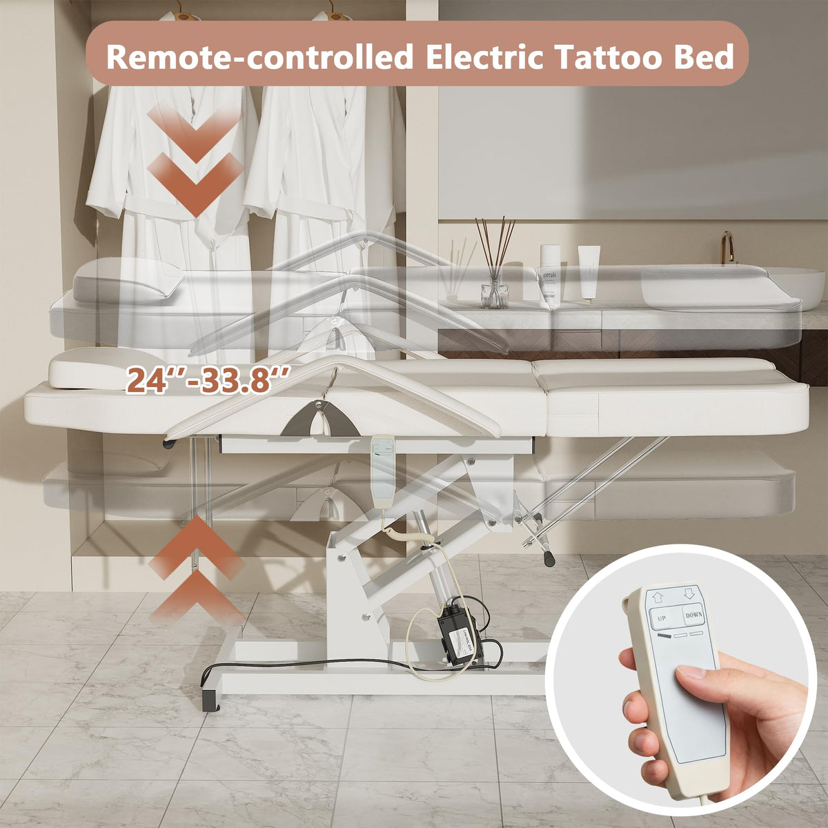 LOUVIXA Electric Height Adjustable Tattoo Bed, Electric Lift Massage Table, Multi-Purpose Massage Tattoo Lash Waxing Table for Beauty Barber Spa, Height Backrest Footrest Adjustable (Pink)