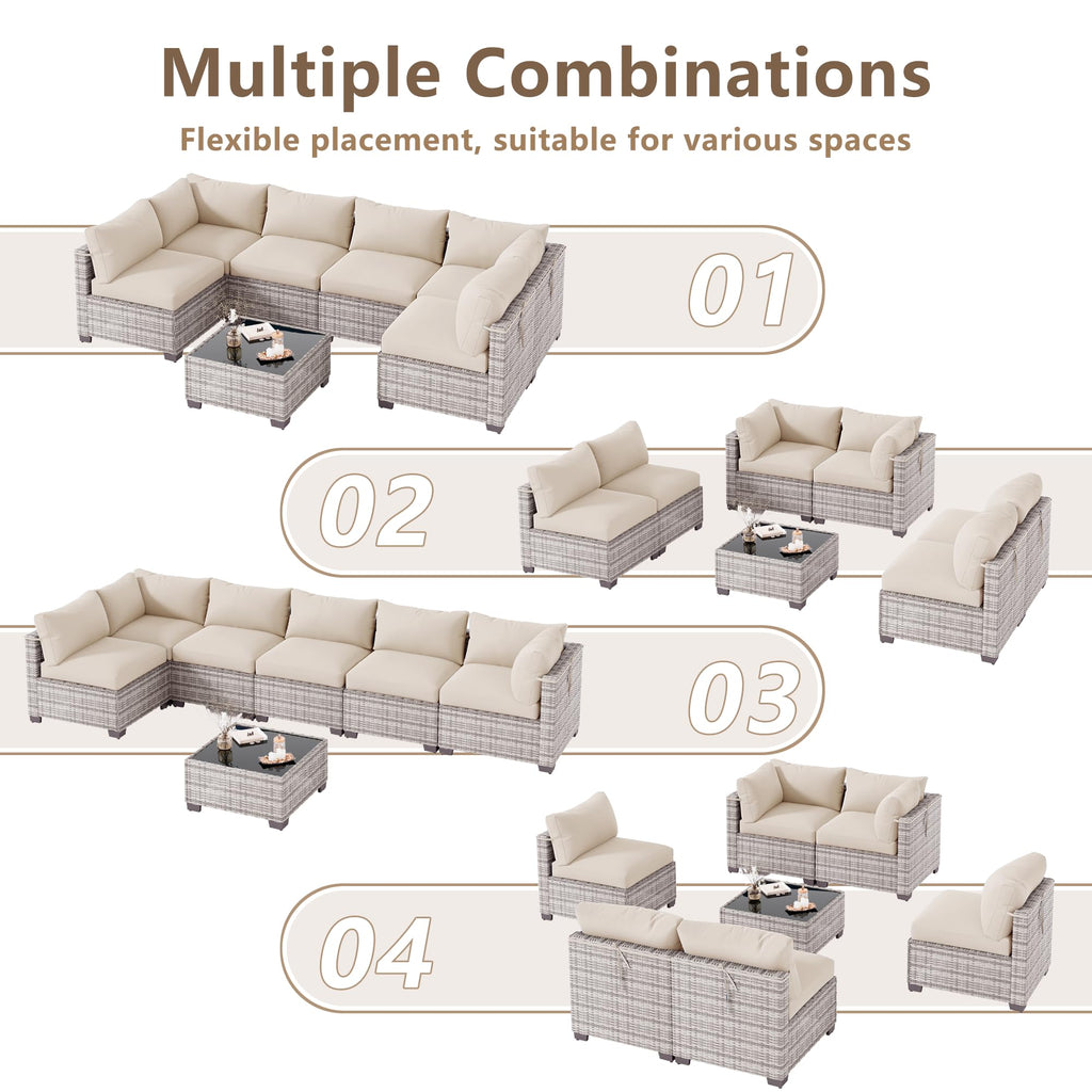 LOUVIXA 7 Piece Outdoor Patio Furniture Set, Rattan Chairs Glass Table Wicker Conversation Seating Sectional Sofa with Cushions (Brown-Camel, 7Pcs-2 Layer Coffee Table)