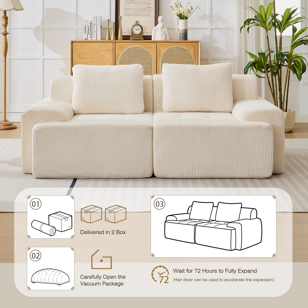 Modular Sectional Sofa, Boneless Couches for Living Room, Corduroy Couch, Big Comfy Couch, Modular Cloud Sofa with Deep Seat (Grey, 2 Pieces-Loveseat)