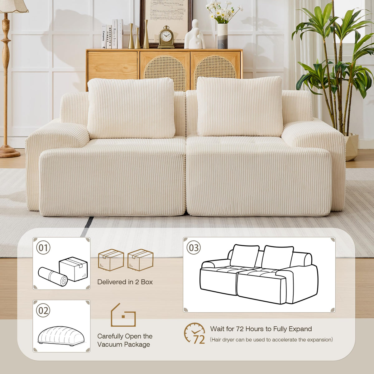 Modular Sectional Sofa, Boneless Couches for Living Room, Corduroy Couch, Big Comfy Couch, Modular Cloud Sofa with Deep Seat (Grey, 2 Pieces-Loveseat)
